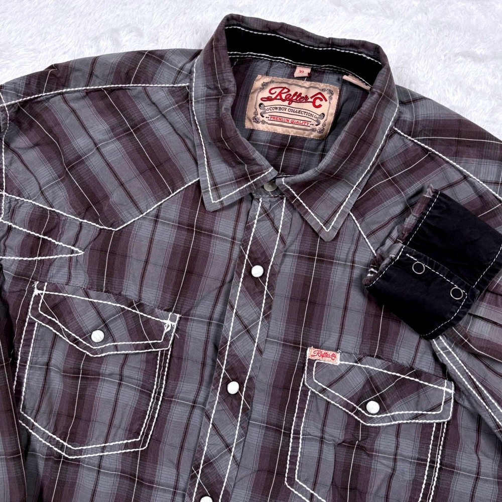 Rafter C Western Shirt Men XL Gray Black Plaid Pearl Snap Flip Cuff Rodeo Cowboy
